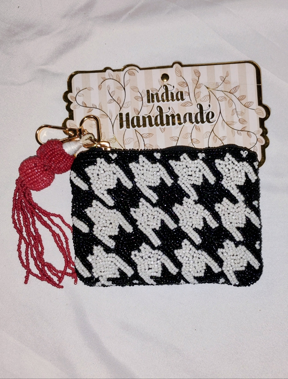 Black & White Beaded Coin Purse with Red Tassel  By India Handmade